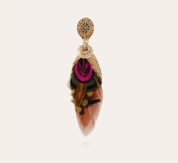 Gas Bijoux - Earrings Feather Pink Green Cognac single