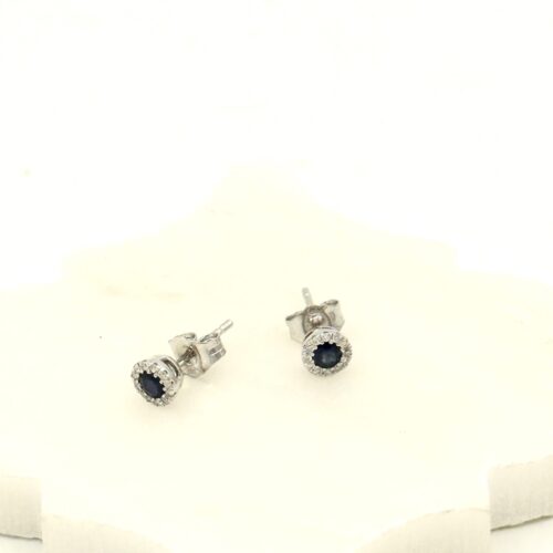 14 Karaat Witgouden Oorknoppen met Saffier en Diamant | Tijdloze Luxe