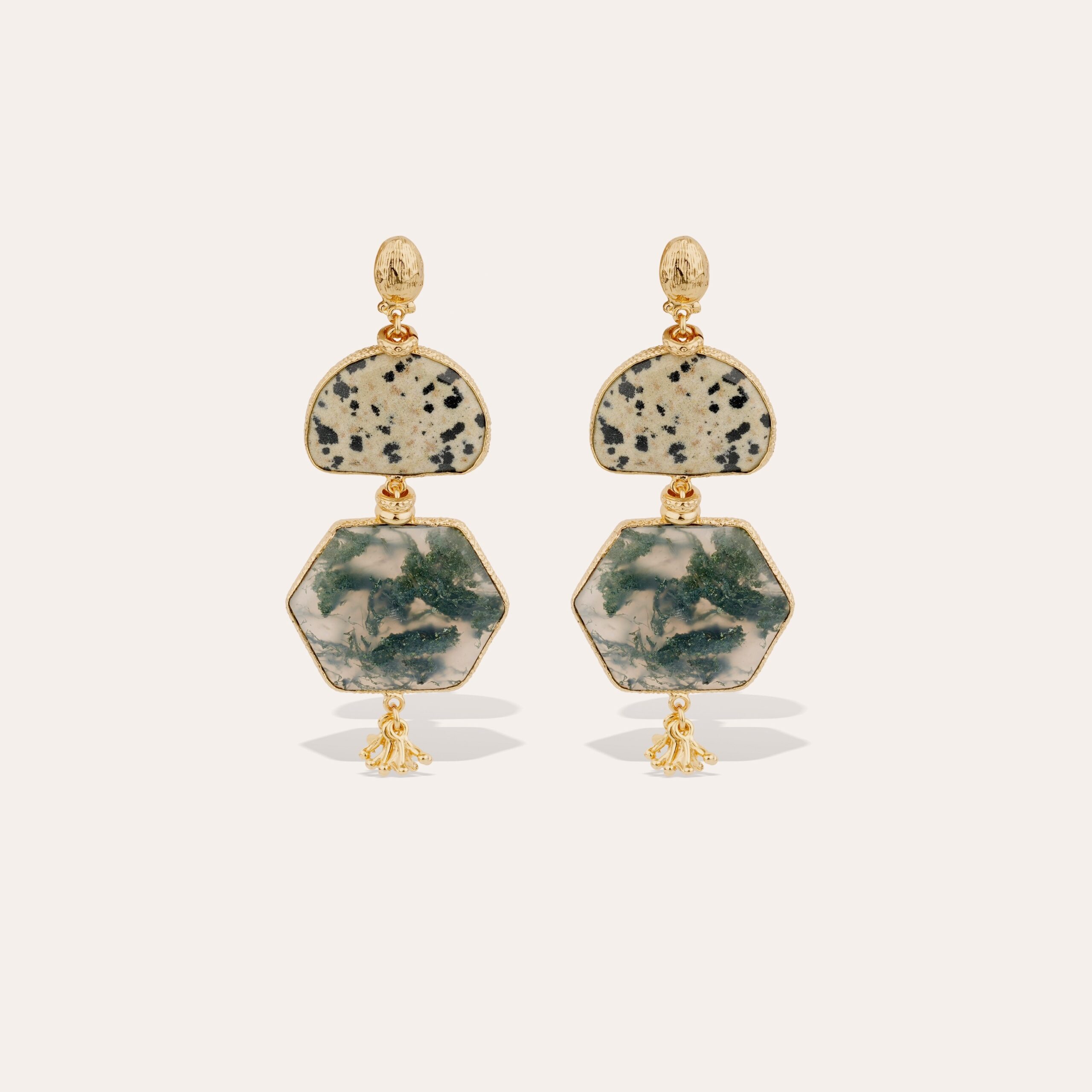 Gas Bijoux Silenza oorbellen goud met Dalmatische jaspis en groene agaat